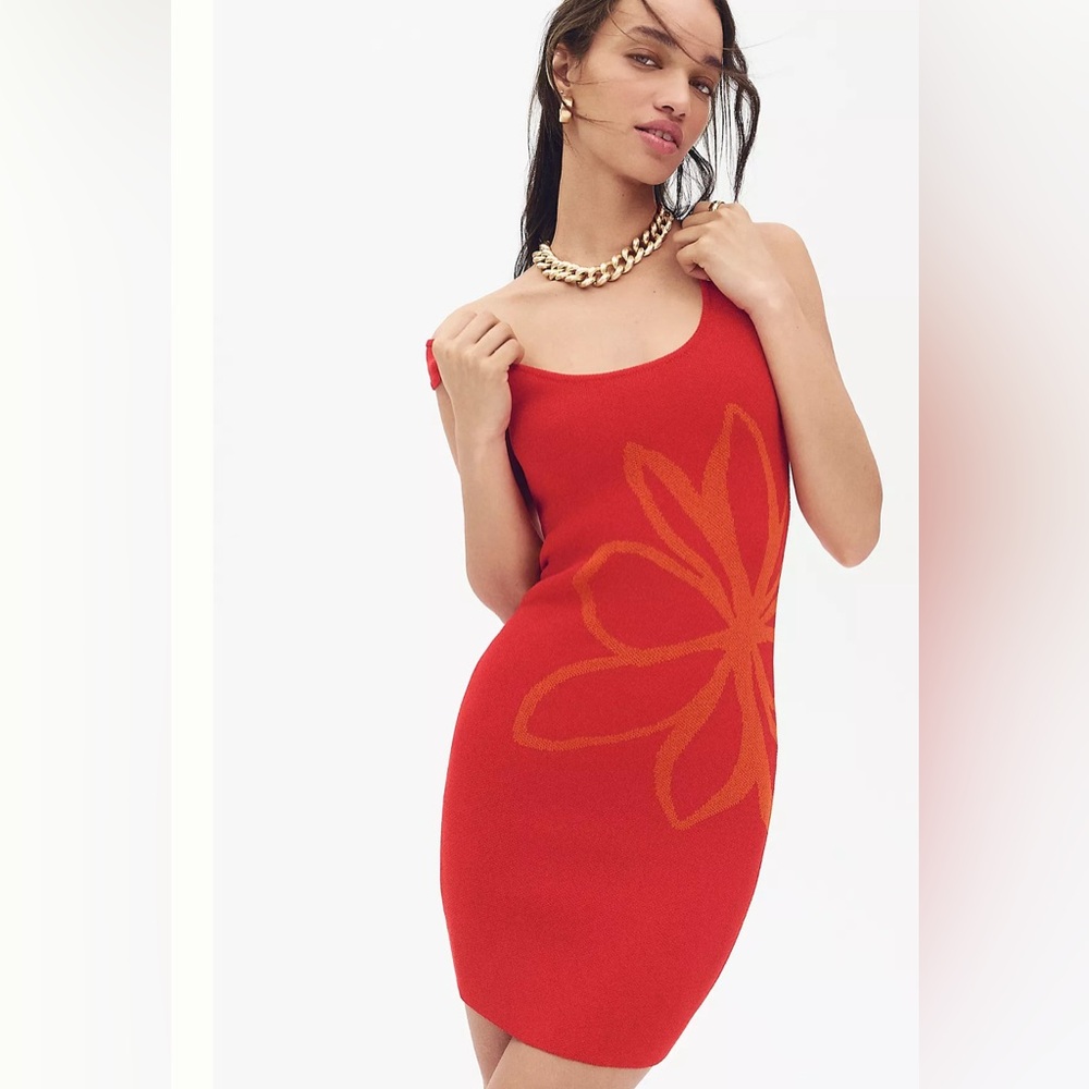 Flat White Sleeveless Square-Neck Flower-Printed Knit Mini Dress